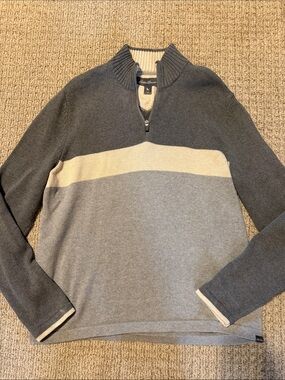 Men’s Eddie Bauer grey cream stripe 3/4 zip pullover sweater sz Large